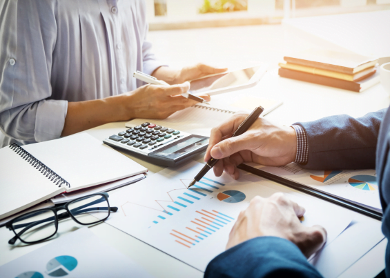 Professionals checking statistics and calculations