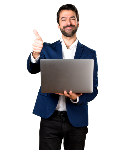 A man showing thumbsup and having laptop in another hand